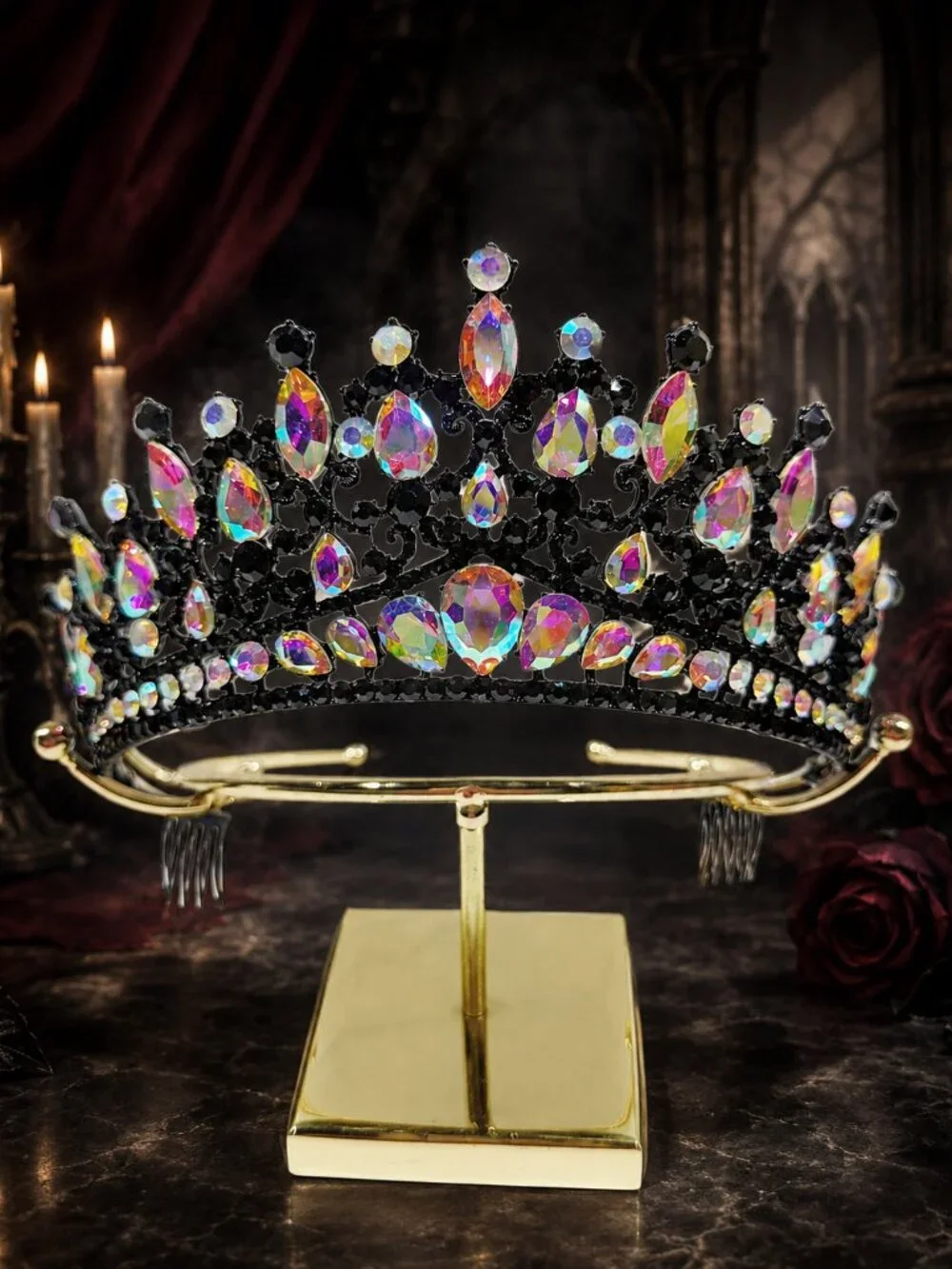 Gothic black crown, AB crystal comb crown, Dark princess tiara, Costume crown